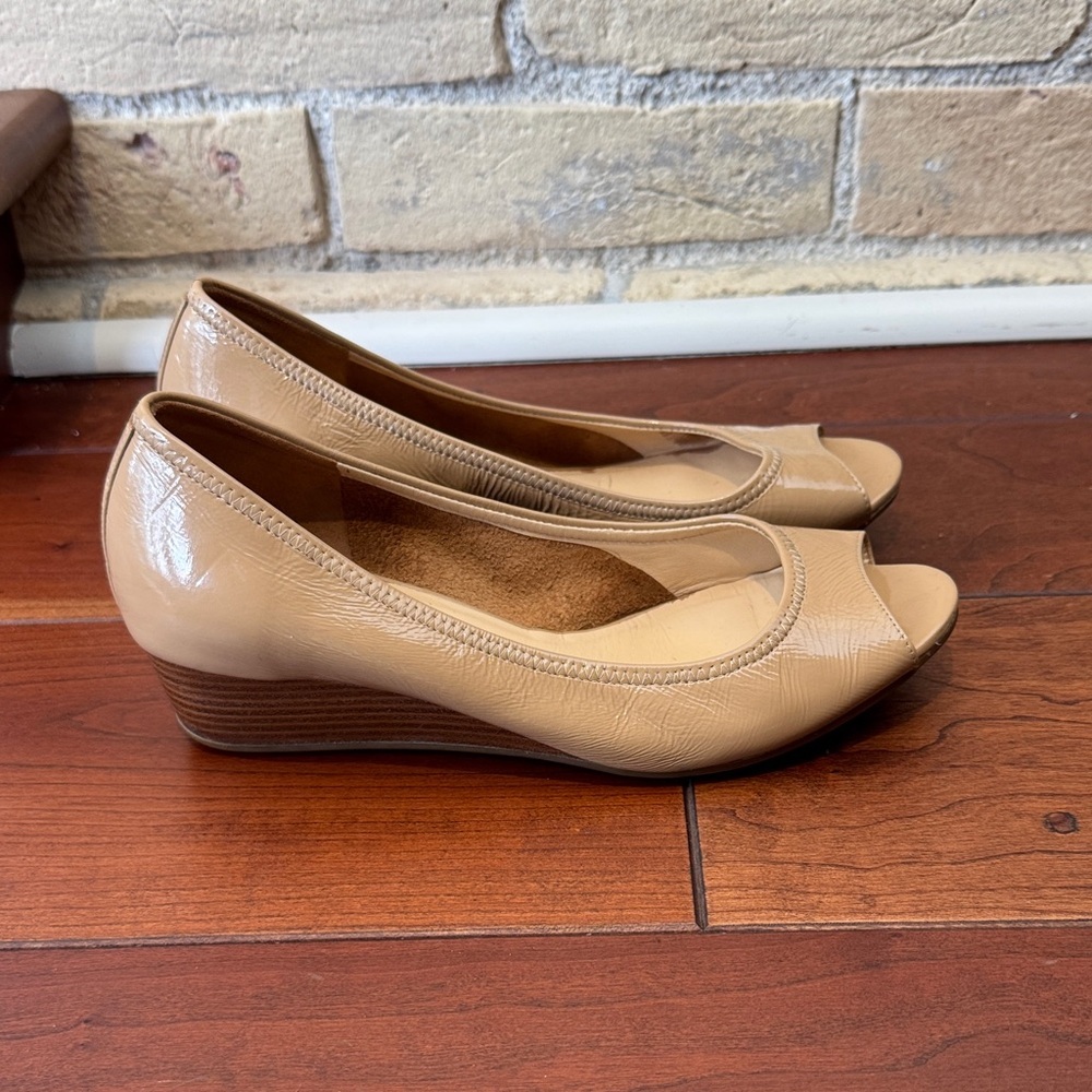 Cole Haan Patent Leather Tan Wedge Peep-Toe Shoes
